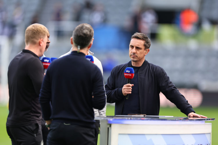 NEWCASTLE, ENGLAND - MAY 7: Gary Neville working as a TV pundit for Sky Sports ahead of the Premier League match between Newcastle United and Arsen...