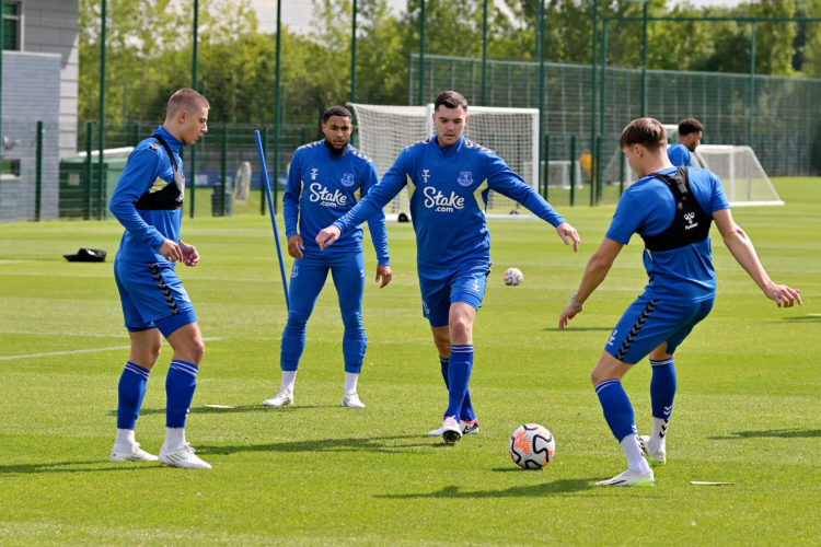 CL and Michael Keane during the Everton Training Session at Finch Farm on August , 2023 in Halewood, England.  (Photo by Tony McArdle/Everton FC via Getty Images