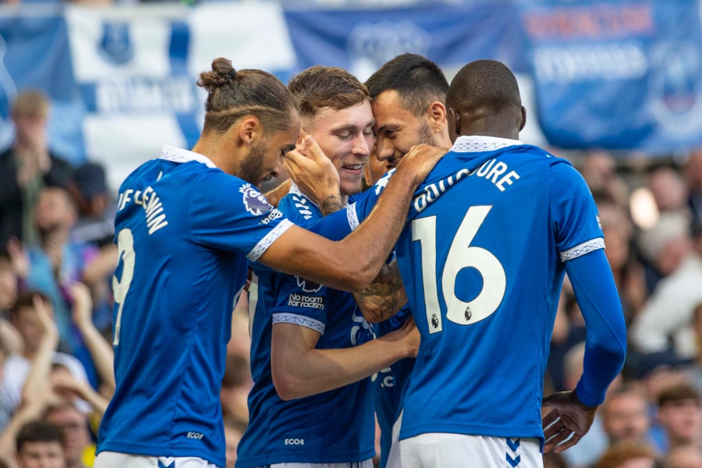 Everton midfielder James Garner celebrates with Abdoulaye Doucoure v AFC Bournemouth in Premier League amid best North West club XI of season so far