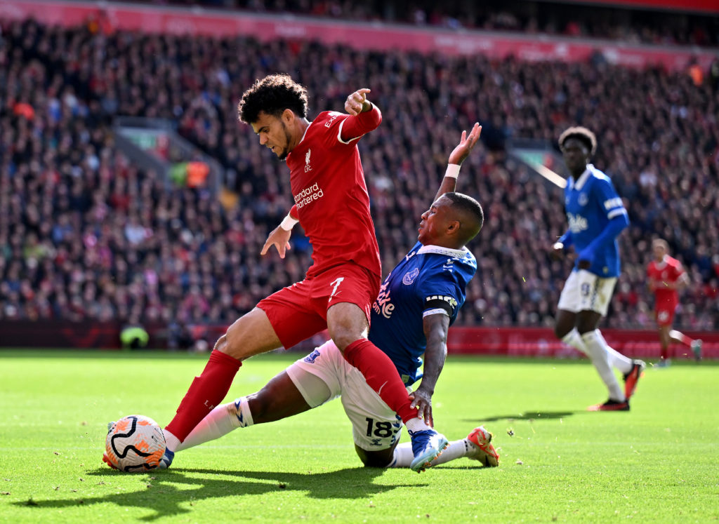 Everton defender Ashley Young receives red card at Liverpool after foul on Luis Diaz in Merseyside derby