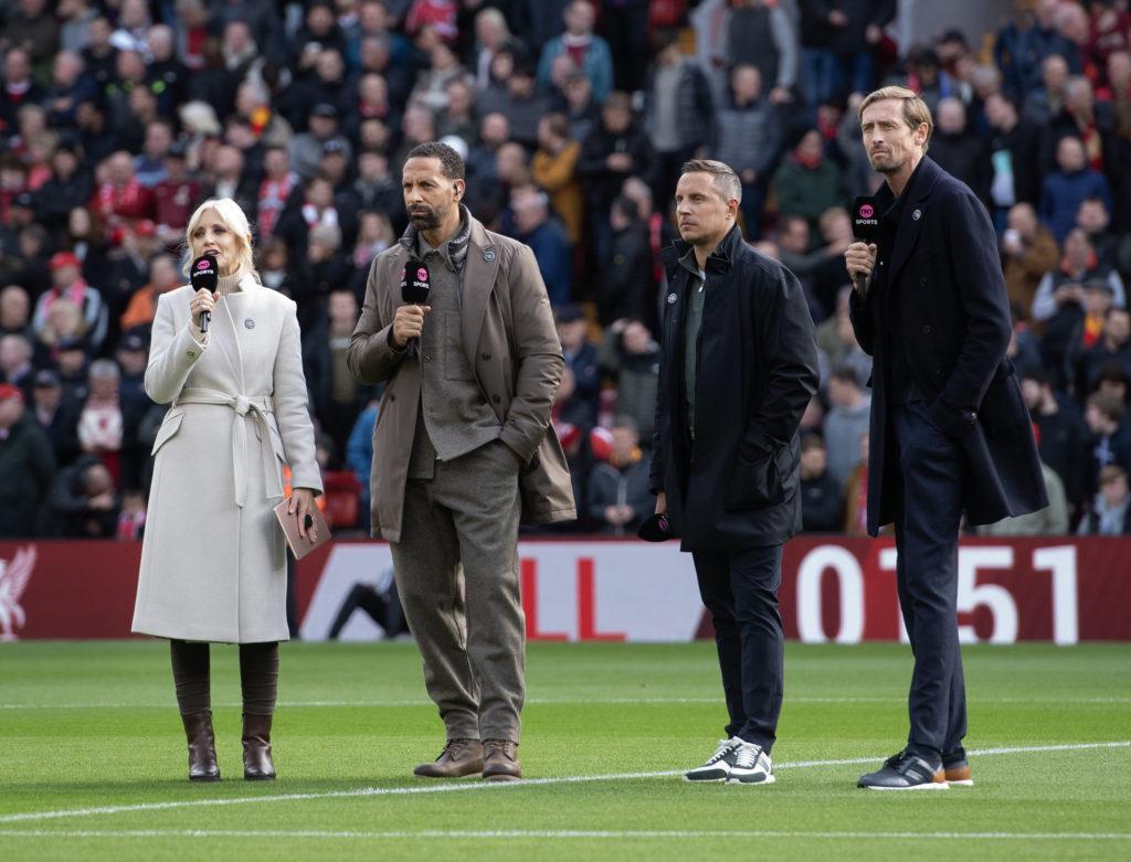 TNT Sports pundits including Rio Ferdinand, Phil Jagielka and Peter Crouch before Merseyside derby between Liverpool and Everton amid 3pm TV blackout claim