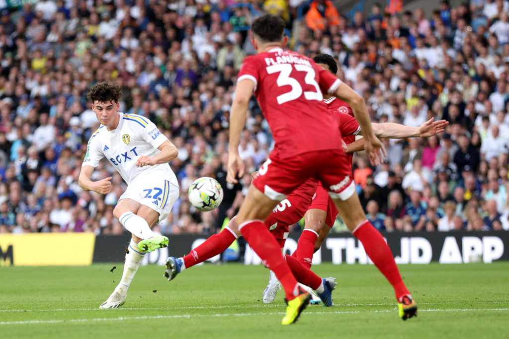 Leeds United midfielder Archie Gray in action v Shrewsbury Town in Carabao Cup First Round amid transfer interest from Everton and Liverpool