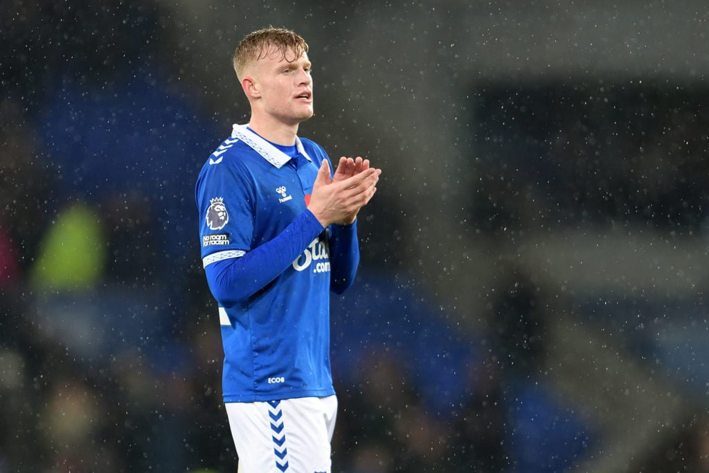 Everton defender Jarrad Branthwaite in action v Brighton & Hove Albion in Premier League amid transfer interest from Newcastle United