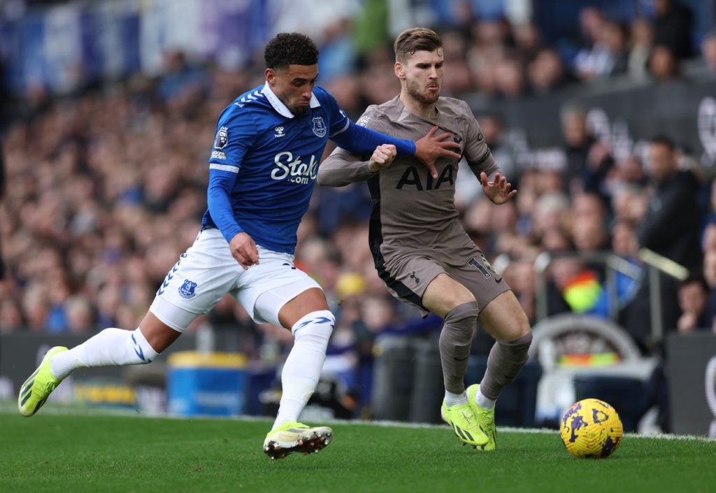 Ben Godfrey and Timo Werner challenge in Everton vs Tottenham.