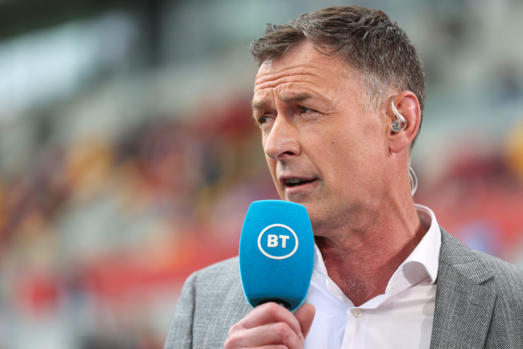 Pundit Chris Sutton speaks during Brentford v West Ham United