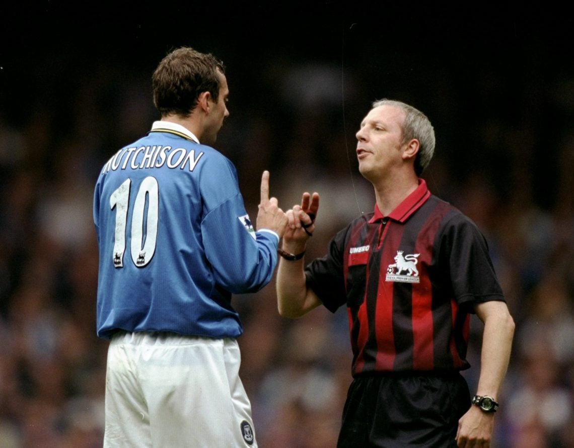 12 Sep 1998:  Don Hutchison of Everton is spoken to by the referee  during the FA Carling Premiership match against Leeds at Goodison Park in Liver...