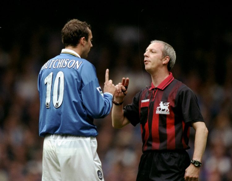 12 Sep 1998:  Don Hutchison of Everton is spoken to by the referee  during the FA Carling Premiership match against Leeds at Goodison Park in Liver...