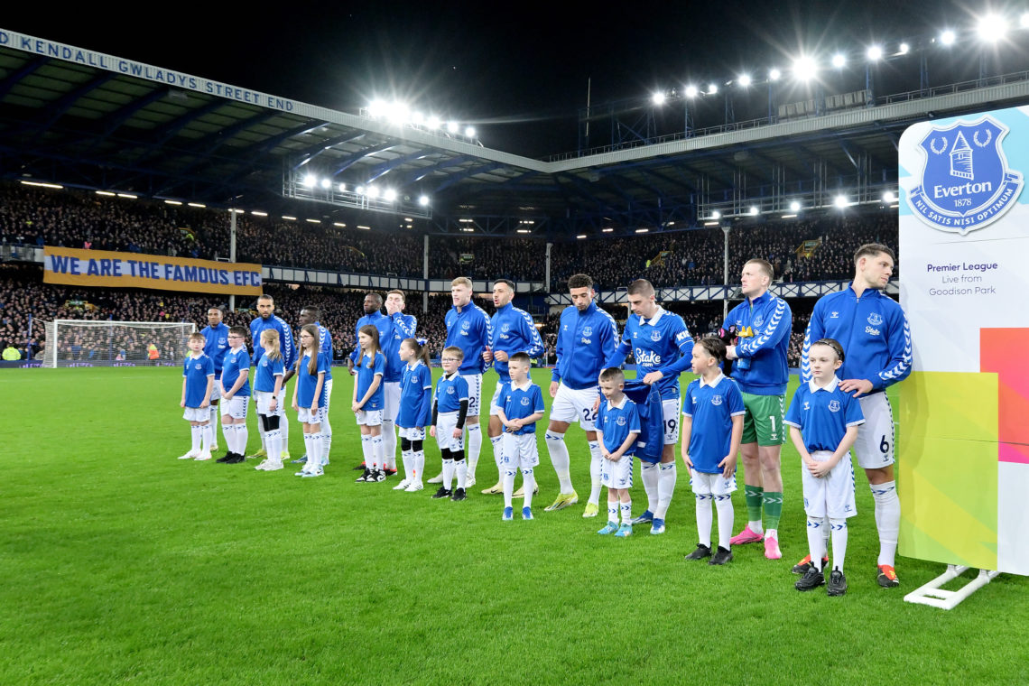 ) Dominic Calvert-Lewin Idrissa Gueye  Abdoulaye Doucoure James Garner Jarrad Branthwaite Dwight McNeil Ben Godfrey Vitalii Mykolenko Jordan Pickford and James Tarkowski line up with mascots before the Premier League match between Everton FC and Crystal Palace at Goodison Park on February 19, 2024 in Liverpool, England. (Photo by Tony McArdle/Everton FC via Getty Images