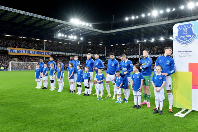 ) Dominic Calvert-Lewin Idrissa Gueye  Abdoulaye Doucoure James Garner Jarrad Branthwaite Dwight McNeil Ben Godfrey Vitalii Mykolenko Jordan Pickford and James Tarkowski line up with mascots before the Premier League match between Everton FC and Crystal Palace at Goodison Park on February 19, 2024 in Liverpool, England. (Photo by Tony McArdle/Everton FC via Getty Images