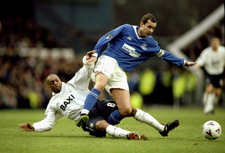 29 Jan 2000: Don Hutchison of Everton is tackled by Mark Rankine of Preston North End during the AXA sponsored FA Cup Fifth Round match played at ...
