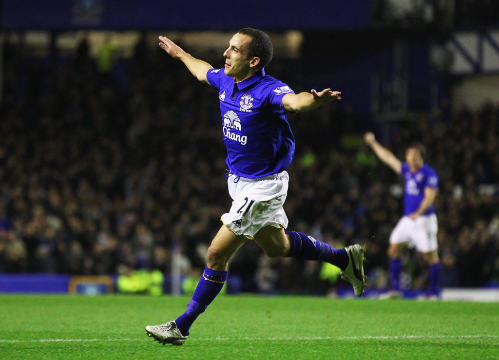 Leon Osman celebrates for Everton.