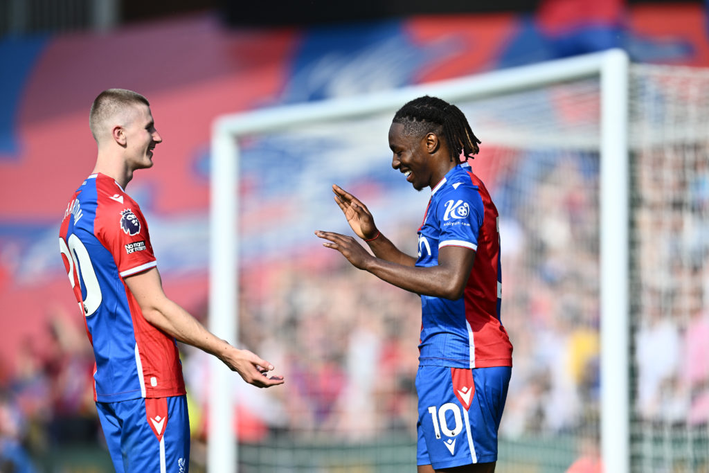 Adam Wharton and Eberechi Eze celebrate during Crystal Palace vs Aston Villa.