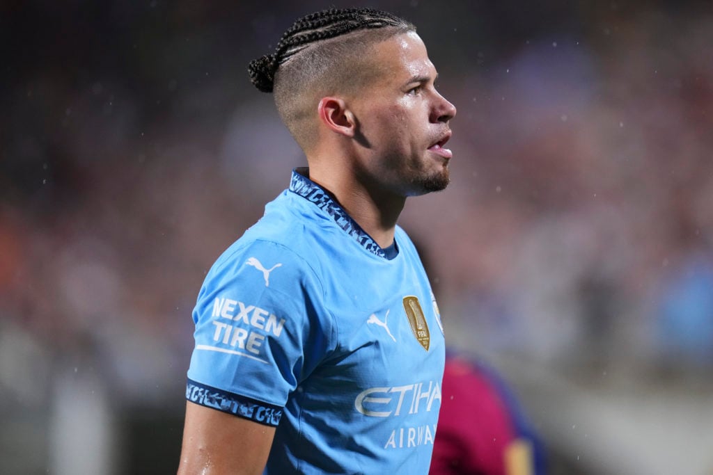 Kalvin Phillips in action during Manchester City v FC Barcelona.