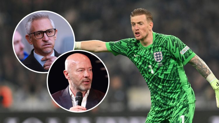 Jordan Pickford. Inset, Gary Lineker and Alan Shearer.