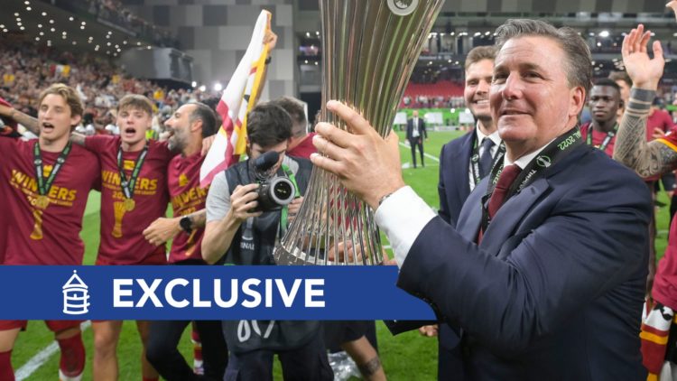 AS Roma President Dan Friedkin poses with trophy after the UEFA Conference League final match between AS Roma and Feyenoord.