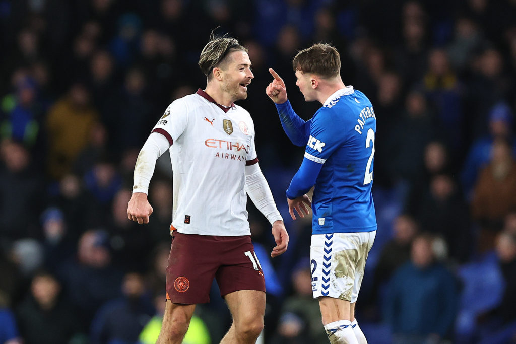 Jack Grealish and Nathan Patterson argue during Everton vs Man City.