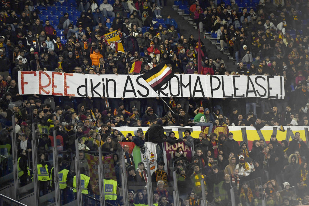 Banner of AS Roma supporters against team owners Dan and