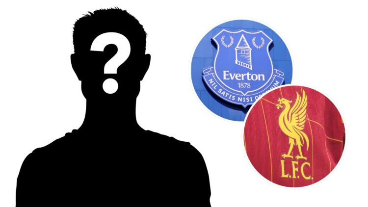 Mystery player. Inset, Everton and Liverpool badges.