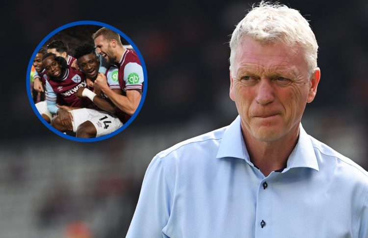 Collage of David Moyes and West Ham players celebrating.