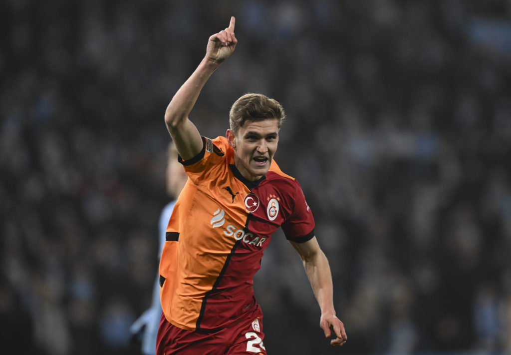 Elias Jelert celebrates during Malmo v Galatasaray.