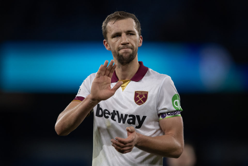 Tomas Soucek waves at fans after Manchester City FC v West Ham United FC