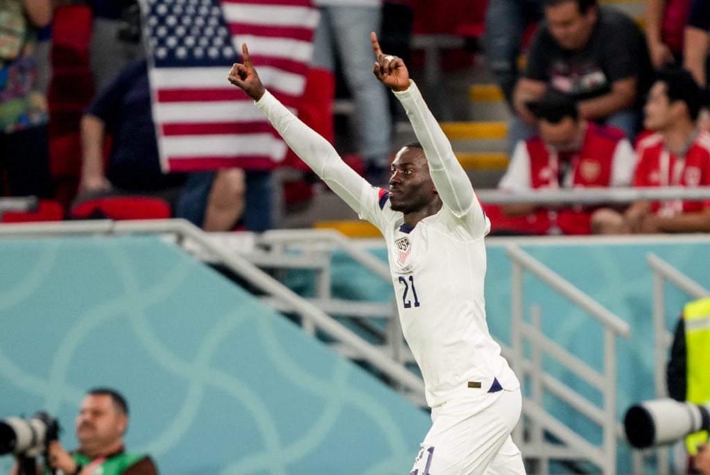Timothy Weah celebrates for USA v Wales in 2022 FIFA World Cup.