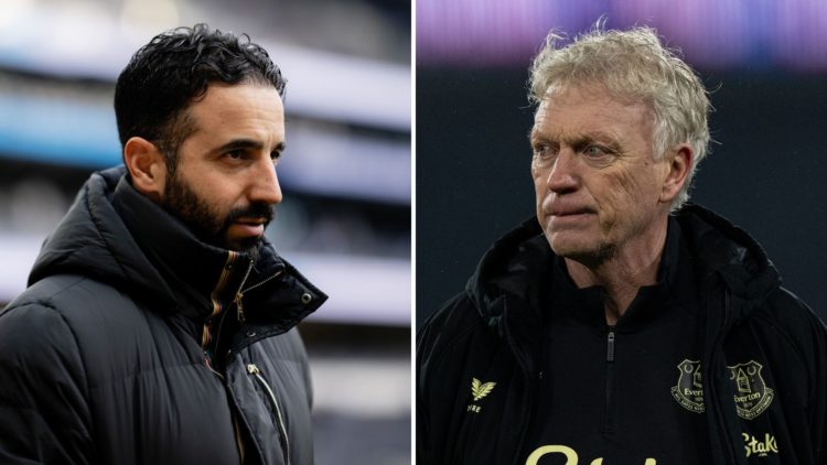 Split image of David Moyes of Everton during a Premier League match, and Ruben Amorim of Manchester United arriving prior to a Premier League match.