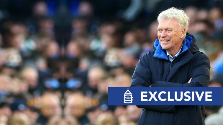 Everton manager David Moyes looks on during the Premier League match. Overlaid, an exclusive banner.