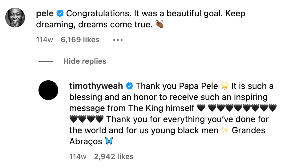 Brazil icon Pele praised Timothy Weah after scoring vs Wales at 2022 FIFA World Cup