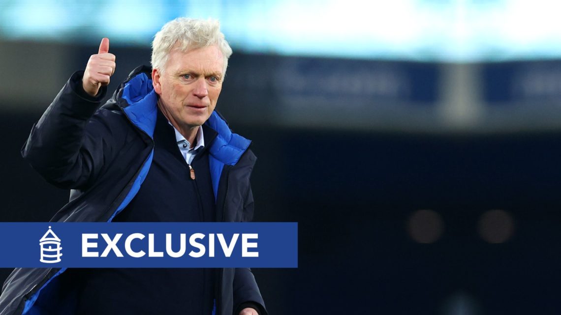 Everton manager David Moyes salutes the supporters at full-time. Overlaid, an exclusive banner.