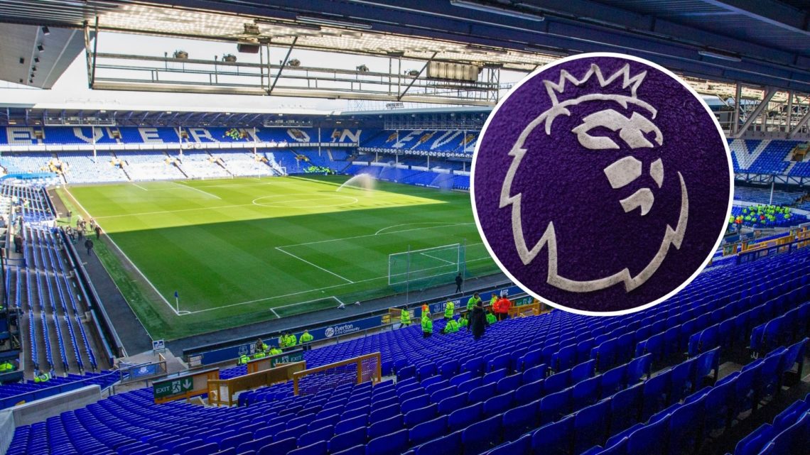 Everton stadium Goodison Park. Inset of Premier League badge.