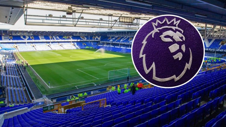 Everton stadium Goodison Park. Inset of Premier League badge.