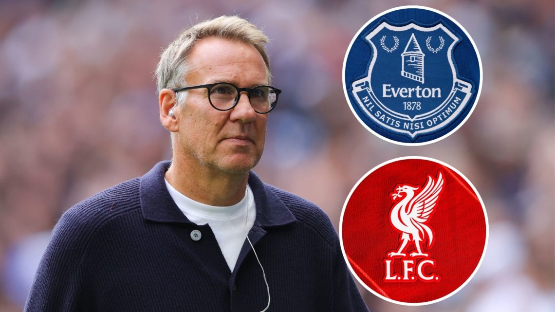 Sky Sports pundit Paul Merson. Inset of Everton and Liverpool badge.