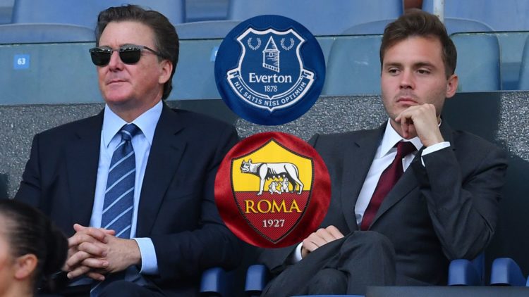 Everton owners the Friedkin Group. Inset of Everton and Roma badge.