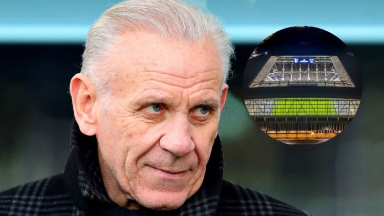 Former Everton player Peter Reid. Inset of Bramley-Moore Dock Stadium.