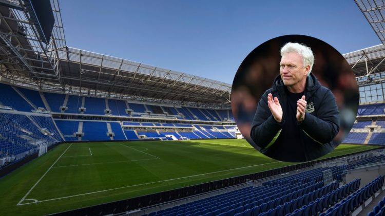 Everton's new Bramley-Moore Dock Stadium. Inset of David Moyes.