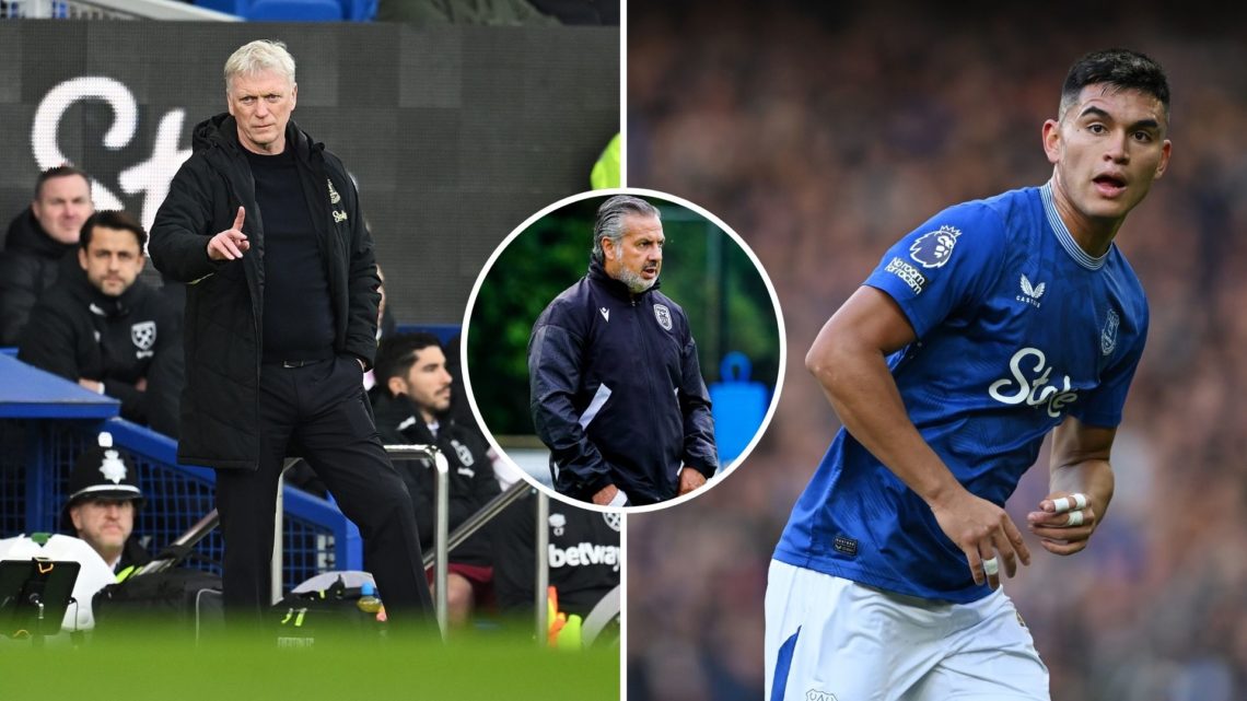 Split image of David Moyes, Manager of Everton, gestures during the Premier League match between Everton FC and West Ham United at Goodison Park on...