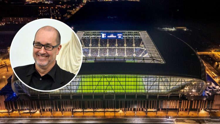 Everton's new Bramley-Moore Dock Stadium. Inset of Dan Meis.
