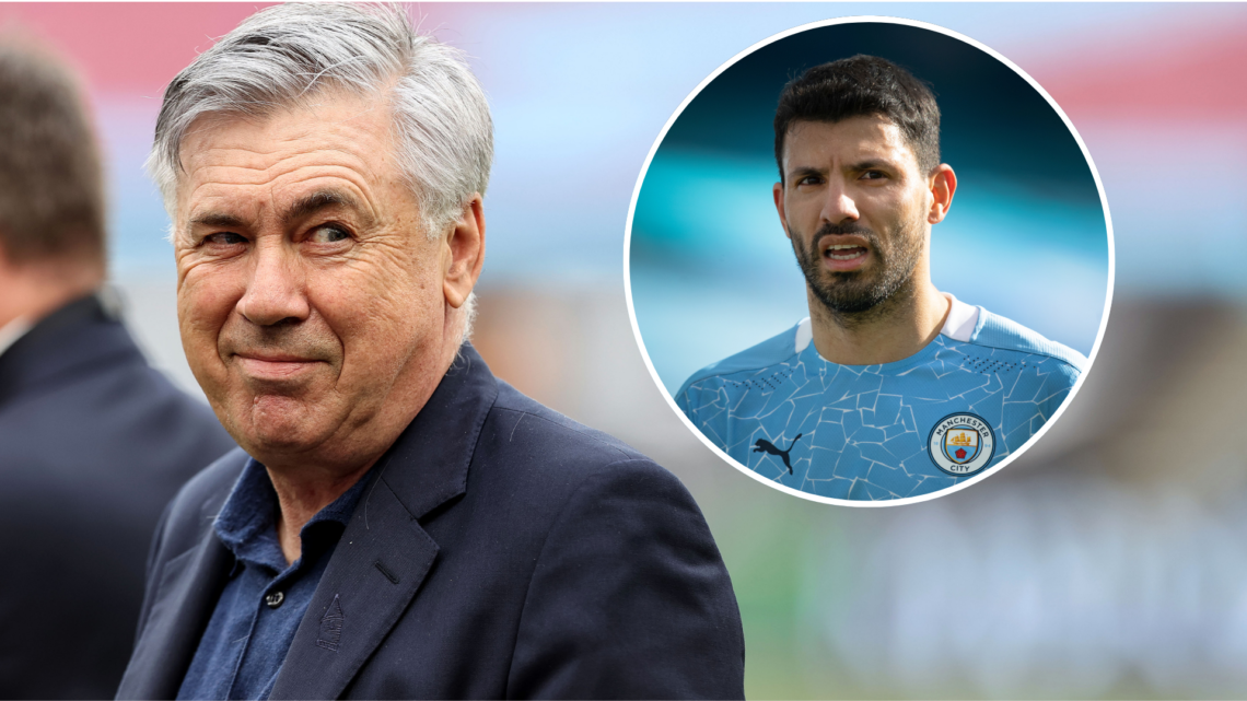 Former Everton boss Carlo Ancelotti. Inset of former Manchester City striker Sergio Aguero.