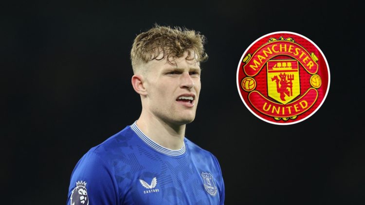 Everton defender Jarrad Branthwaite. Inset of Manchester United badge.