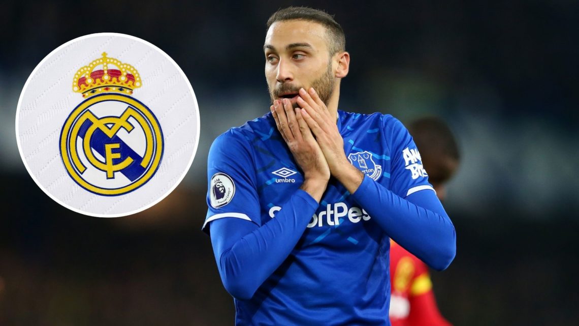 Former Everton player Cenk Tosun. Inset of Real Madrid badge.