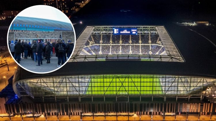 Bramley-Moore Dock Stadium. Inset of Everton fans.
