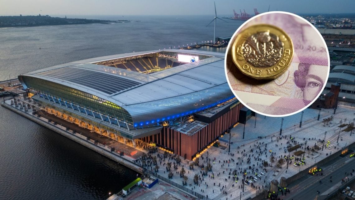 Everton's Bramley-Moore Dock Stadium. Inset of Sterling pound coin.