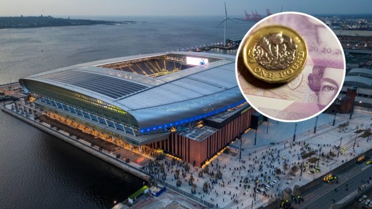 Everton's Bramley-Moore Dock Stadium. Inset of Sterling pound coin.