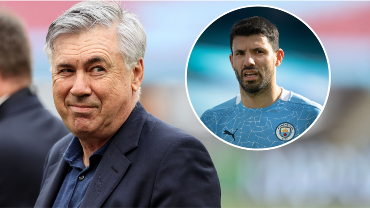 Former Everton boss Carlo Ancelotti. Inset of former Manchester City striker Sergio Aguero.