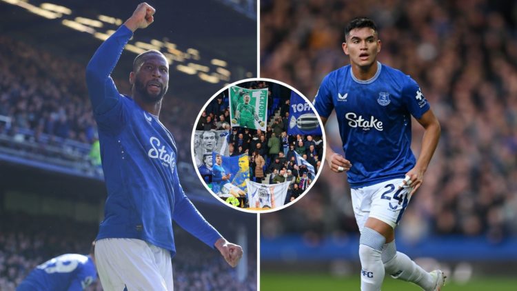 A split image of Beto of Everton celebrates after scoring their side's first goal during the Premier League match between Everton FC and Manchester...