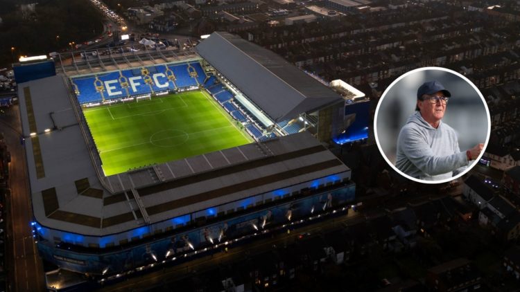 An aerial view shows Everton football club's stadium, Goodison Park surrounded by residential housing with their new ground at Bramley-Moore Dock (...