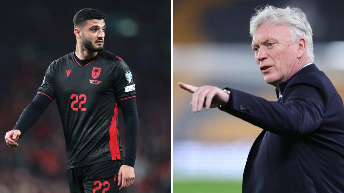 A split image of Armando Broja of Albania during the 2026 European Qualifier between England and Albania at Wembley Stadium. Inset, David Moyes, Ma...