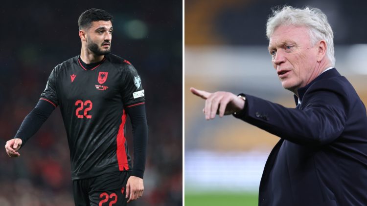 A split image of Armando Broja of Albania during the 2026 European Qualifier between England and Albania at Wembley Stadium. Inset, David Moyes, Ma...