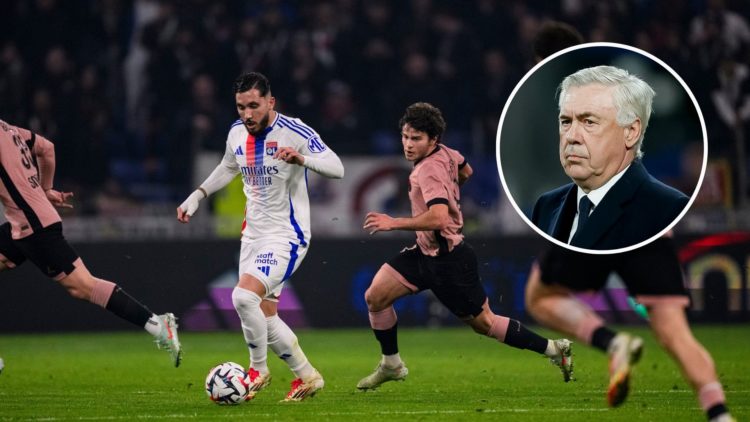 Rayan Cherki of Lyon (C) is chased by João Neves of Paris Saint Germain (R) during the France Ligue 1 match between Olympique Lyonnais and Paris Sa...